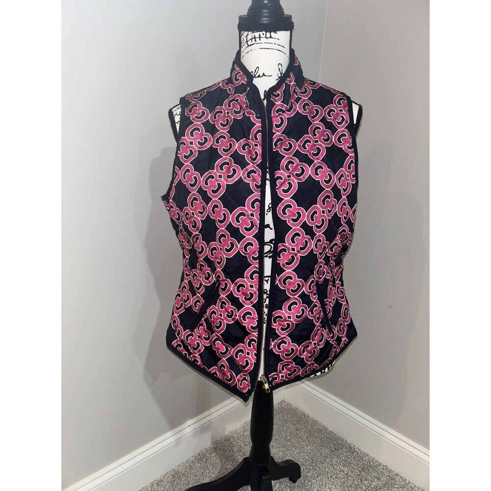 Crown & Ivy Puffer Vest Pink & Navy PL Women's Full Zip Front W/ Zip Pockets